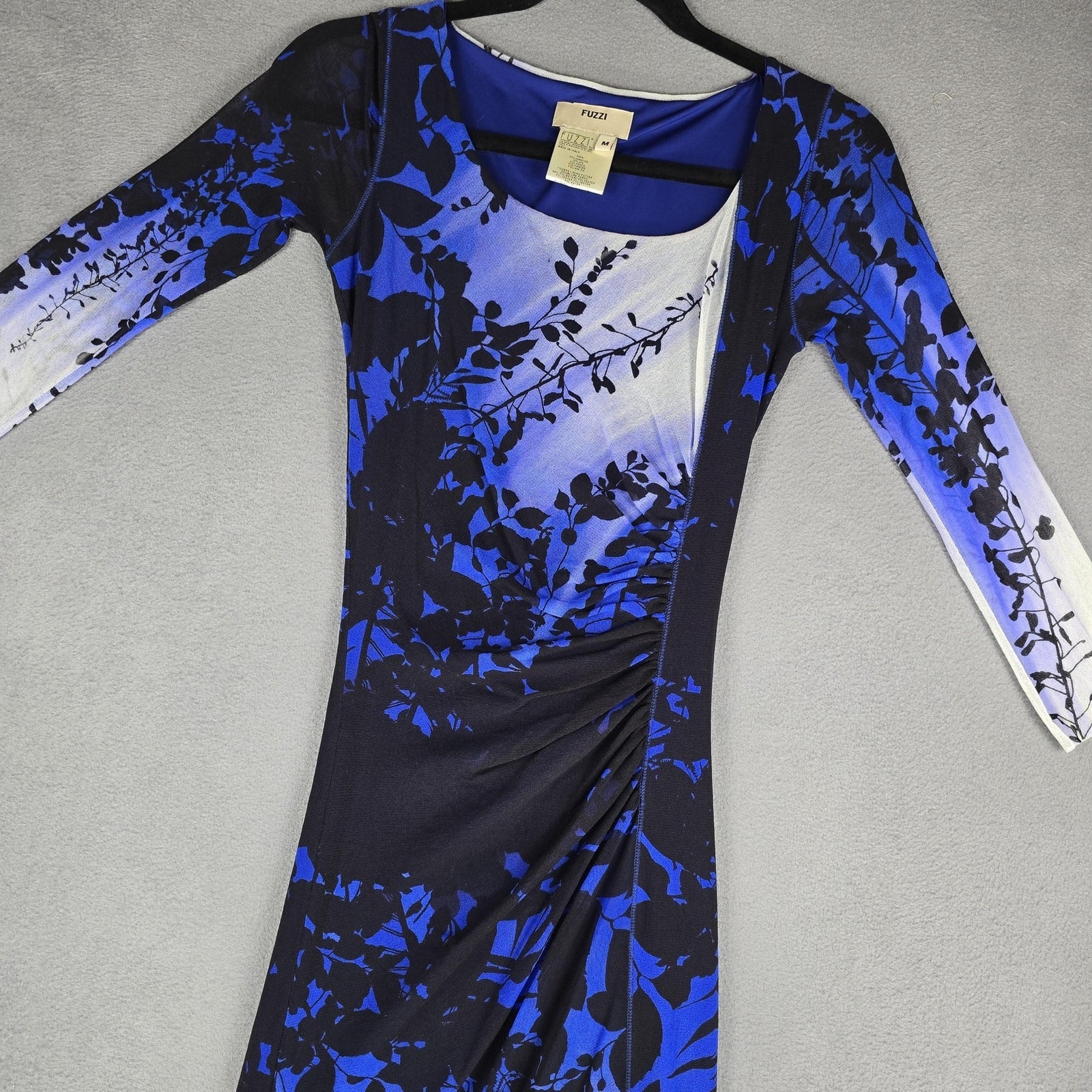 Fuzzi Dress Womens M Blue Floral Mesh Ruched 3/4 Sleeve Bodycon Midi Italy